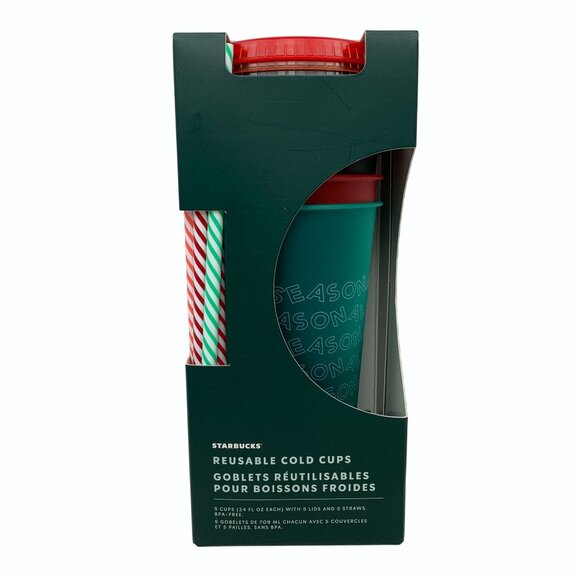 Starbucks Reusable 24 oz Cold Cups w/ Lids & Straws Holiday 2019 Set Of 5 New - Picture 5 of 6